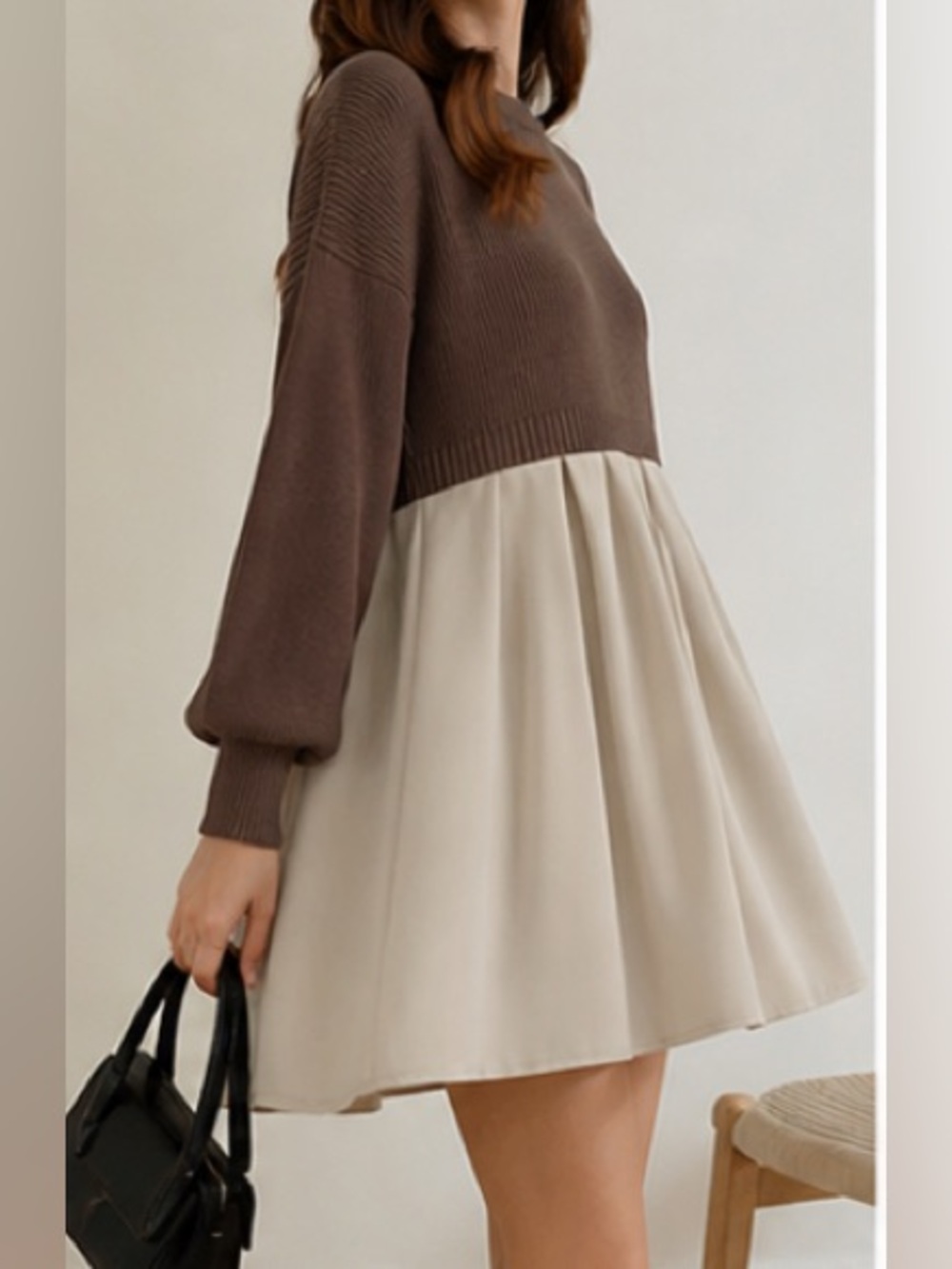 Coffee Colorblock Sweater Dress Knit Top Pleated Skirt Mini Swing Dress